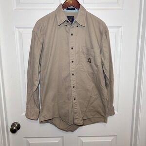 Chaps Ralph Lauren Mens Khaki Button Down Shirt Long Sleeve Medium 100% Cotton